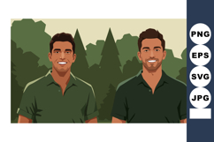 Two men smiling green shirts in forest background outdoor sc Product Image 1