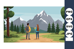 Couple hiking near mountain trail with snowy peaks and fores Product Image 1
