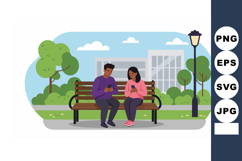 Couple Sitting on Park Bench Using Mobile Phones in Urban Ou Product Image 1