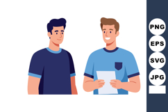 Two young men discussing with paper in hand casual clothing Product Image 1