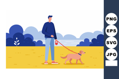 Man Walking Dog in Park with Blue Sky and Yellow Ground Illu Product Image 1