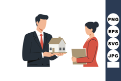 Real estate agent presenting house model to client in busine Product Image 1