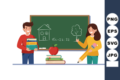 Male and Female Students Learning with Books and Blackboard Product Image 1