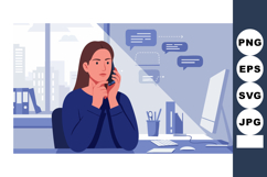 Woman in office talking on phone with speech bubbles and com Product Image 1