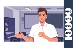 Young man giving presentation in classroom with casual white Product Image 1