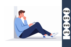Young man sitting on floor reading book in casual outfit vec Product Image 1
