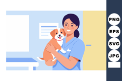 Female Veterinarian Holding Happy Puppy in Clinic Environmen Product Image 1