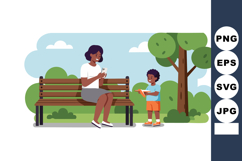 Mother and son spending time in park with bench and tree vec Product Image 1
