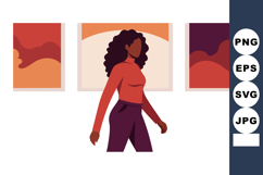 Woman walking past abstract art paintings in gallery with wa Product Image 1