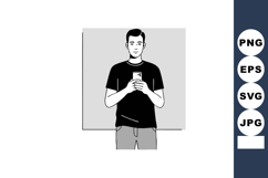 Young man holding smartphone in black t-shirt vector illustr Product Image 1