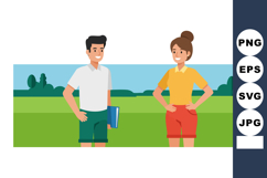 Young man and woman standing in green field with blue sky an Product Image 1