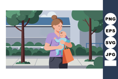 Mother Carrying Baby Outdoors in Urban Park Holding Orange B Product Image 1
