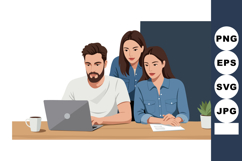 Group of young adults working together on laptop at wooden t Product Image 1