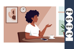 Woman Having Coffee and Talking at Table with Smartphone and Product Image 1