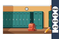 School hallway with green lockers orange backpack and pencil Product Image 1