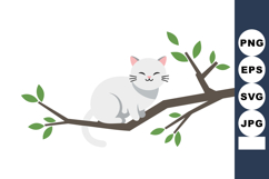 White Cat Sitting on Tree Branch with Green Leaves Vector Il Product Image 1