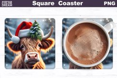 Highland Cow Square Coaster | Christmas Cow Coaster PNG Product Image 1