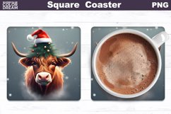 Highland Cow Square Coaster | Christmas Cow Coaster PNG Product Image 1