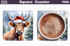 Highland Cow Square Coaster | Christmas Cow Coaster PNG Product Image 1