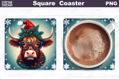 Highland Cow Square Coaster | Christmas Cow Coaster PNG Product Image 1
