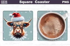 Highland Cow Square Coaster | Christmas Cow Coaster PNG Product Image 1