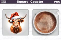 Highland Cow Square Coaster | Christmas Cow Coaster PNG Product Image 1