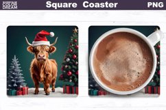 Highland Cow Square Coaster | Christmas Cow Coaster PNG Product Image 1