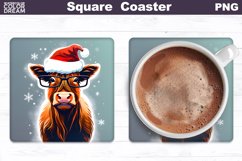 Highland Cow Square Coaster | Christmas Cow Coaster PNG Product Image 1