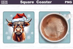 Highland Cow Square Coaster | Christmas Cow Coaster PNG Product Image 1