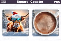 Highland Cow Square Coaster | Christmas Cow Coaster PNG Product Image 1