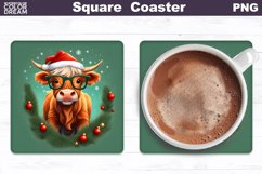 Highland Cow Square Coaster | Christmas Cow Coaster PNG Product Image 1