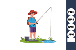 Boy fishing with rod and bucket near small pond outdoor leis Product Image 1