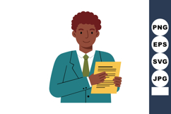 Businessman holding yellow document in blue suit and green t Product Image 1
