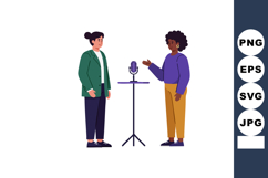Two women recording podcast with microphone in casual clothi Product Image 1
