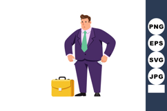 Businessman showing empty pockets with briefcase and purple Product Image 1