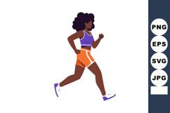 Woman running in purple top and orange shorts active fitness Product Image 1