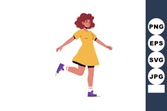 Young woman walking wearing yellow dress and purple sneakers Product Image 1