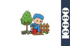 Boy hammering wooden plank near tree and fence outdoor play Product Image 1