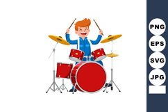 Boy playing red drum set with golden cymbals happy music per Product Image 1