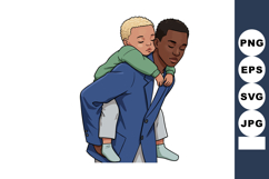 Father giving piggyback ride to son in blue coat and green s Product Image 1
