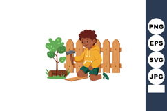 Boy hammering wooden board in backyard garden with wooden fe Product Image 1