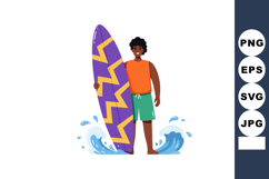 Boy with purple and yellow surfboard standing in water splas Product Image 1