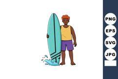 Boy standing with blue surfboard in summer outfit vector ill Product Image 1