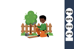 Boy using hammer gardening near tree and wooden fence outdoo Product Image 1