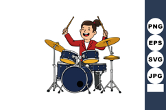 Girl playing drum set with drumsticks in joyful music perfor Product Image 1