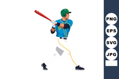 Baseball player swinging bat in blue uniform and green helme Product Image 1