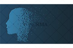 Artificial intelligence technology illustration. Human or robot digital head formed by pixels. Computer data technology concept. Robot head or face silhouette on blue background. Vector illustration