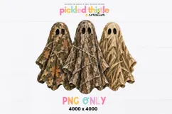Digital PNG featuring three sheet ghosts covered in different hunting-inspired camouflage patterns, including woodland leaves, textured tree bark and marsh grasses.