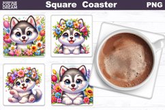 Husky Square Coaster | Dog Flowers Square Coaster Product Image 1