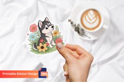 Husky Puppy Flowers Sticker, Floral Husky Sticker Product Image 1